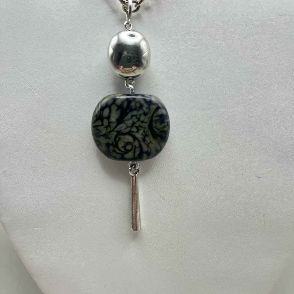 Chic Silver Tone Chain Necklace Fused Glass Art Nouveau Pendant